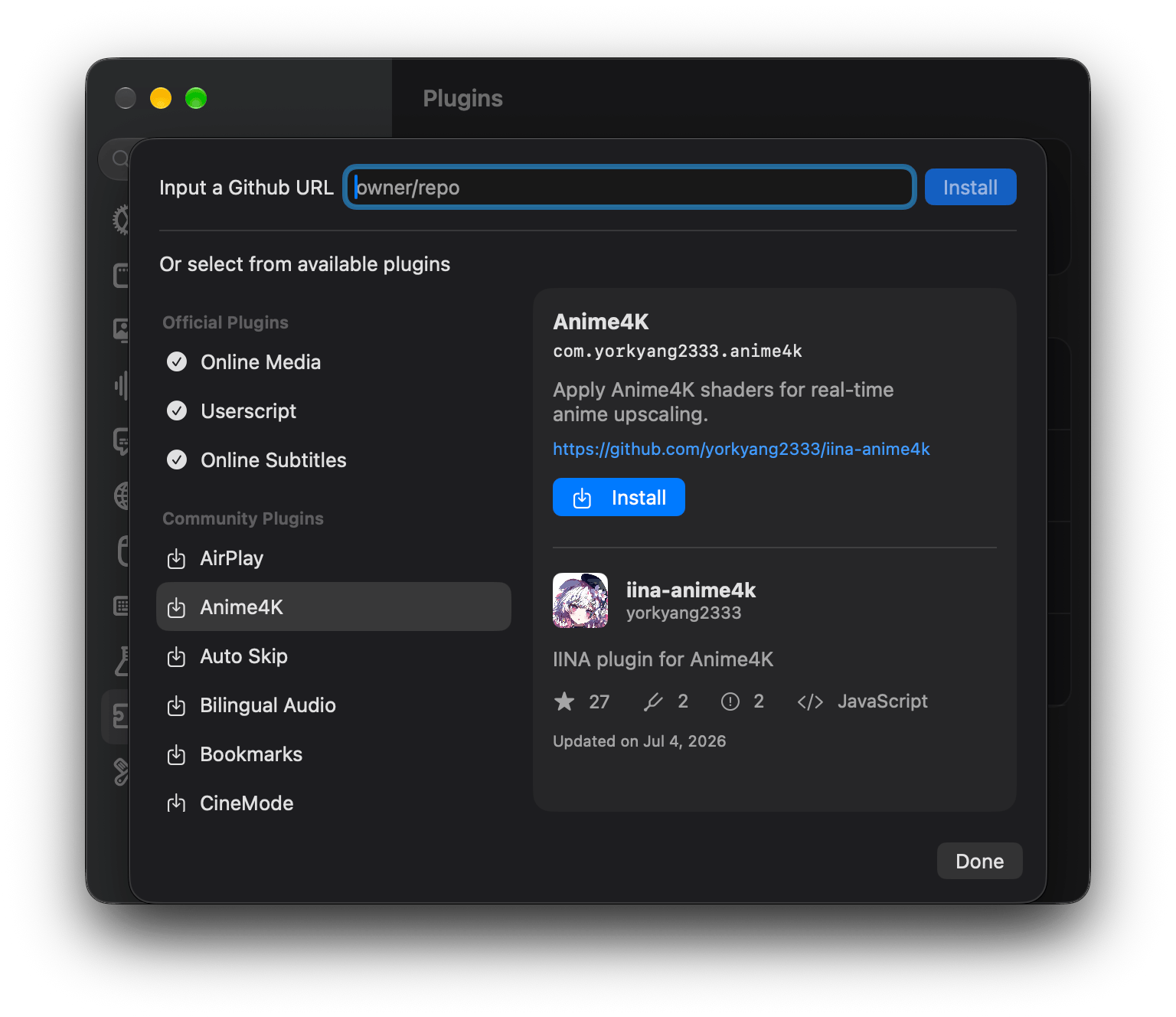 Plugin store in IINA 1.5.0